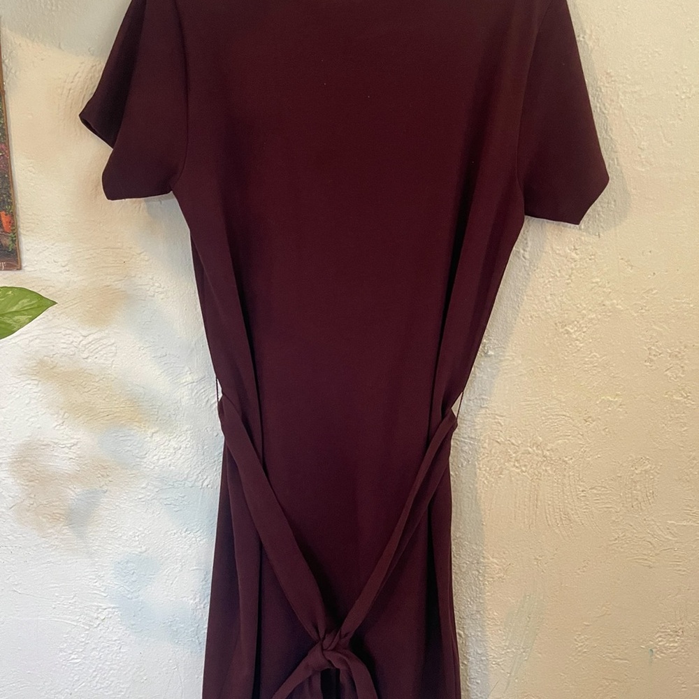 VINCE Tie Waist Short Sleeve Cotton Dress In Oxblood - Picture 6 of 7